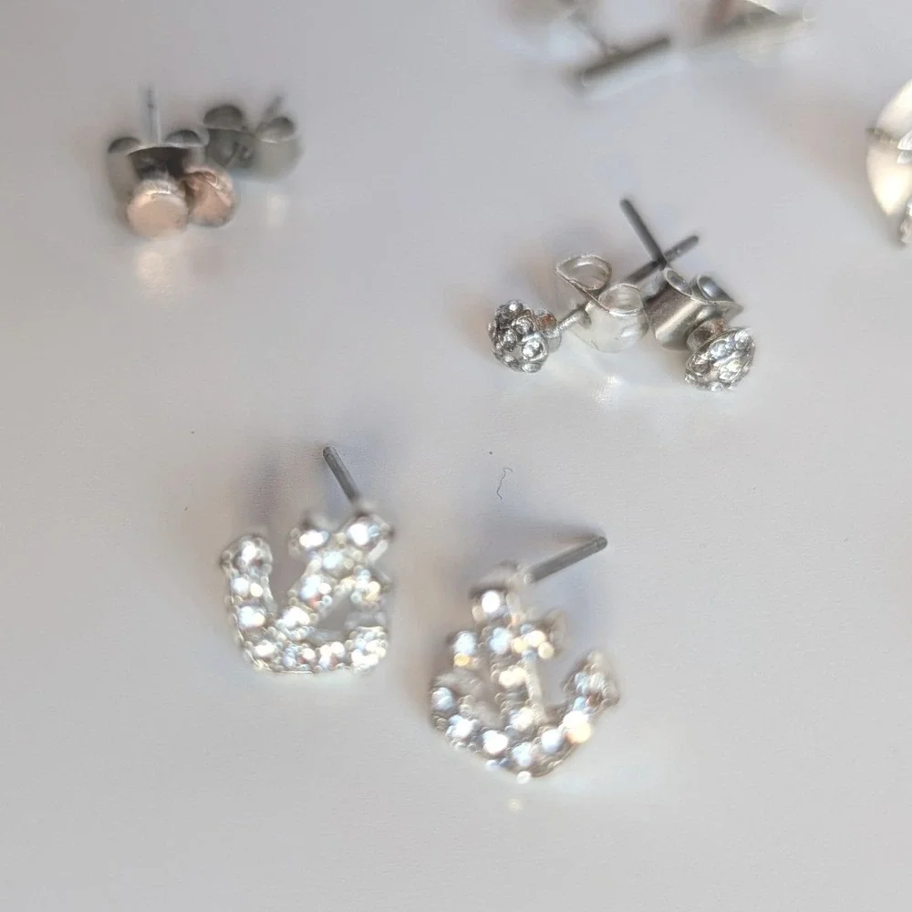 Mixed Stud Earring Set 7 Pairs Nautical Anchor Starfish‎ Shell Silver Tone